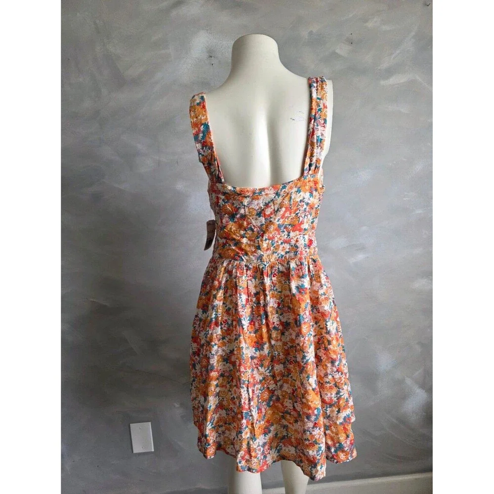 Forever 21 Orange Blue Floral Fit Flare Mini Dress Button Down Lined Sz L NWT